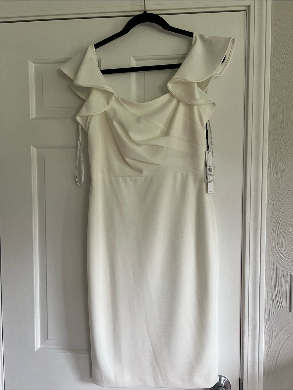 Calvin Klein Ivory Ruffled-Shoulder Midi Dress
